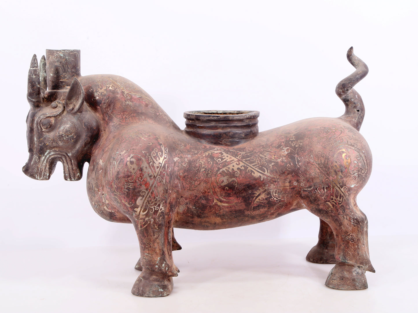 An exquisite bronze inlaid silver bull-shaped palace lantern