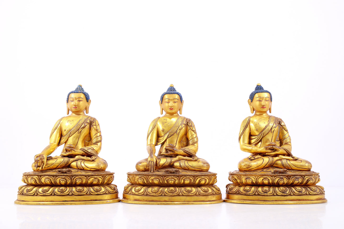 A Wonderful Set Of Three Gilt-Bronze Figures Of Buddha Shakyamuni