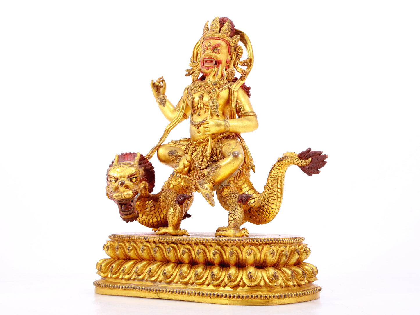 A Wonderful Gilt-Bronze Figure Of Vajrapani Seated On A Dragon