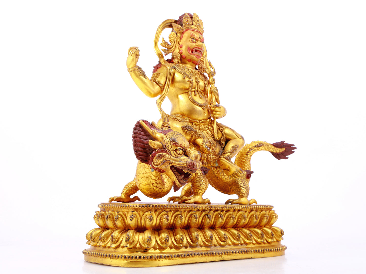 A Wonderful Gilt-Bronze Figure Of Vajrapani Seated On A Dragon