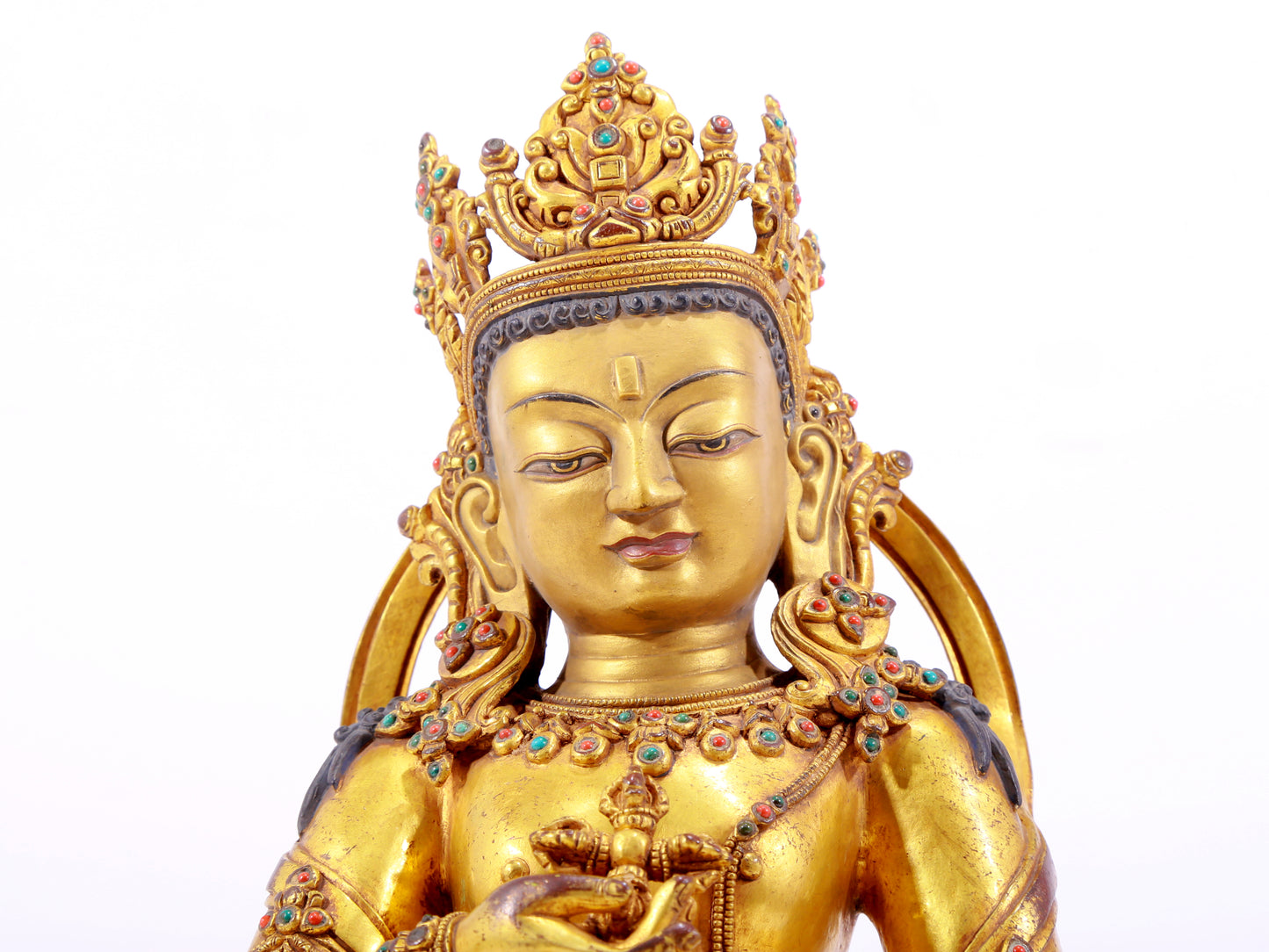A solemn gilt bronze statue of Vajrasattva inlaid with hundreds of treasures