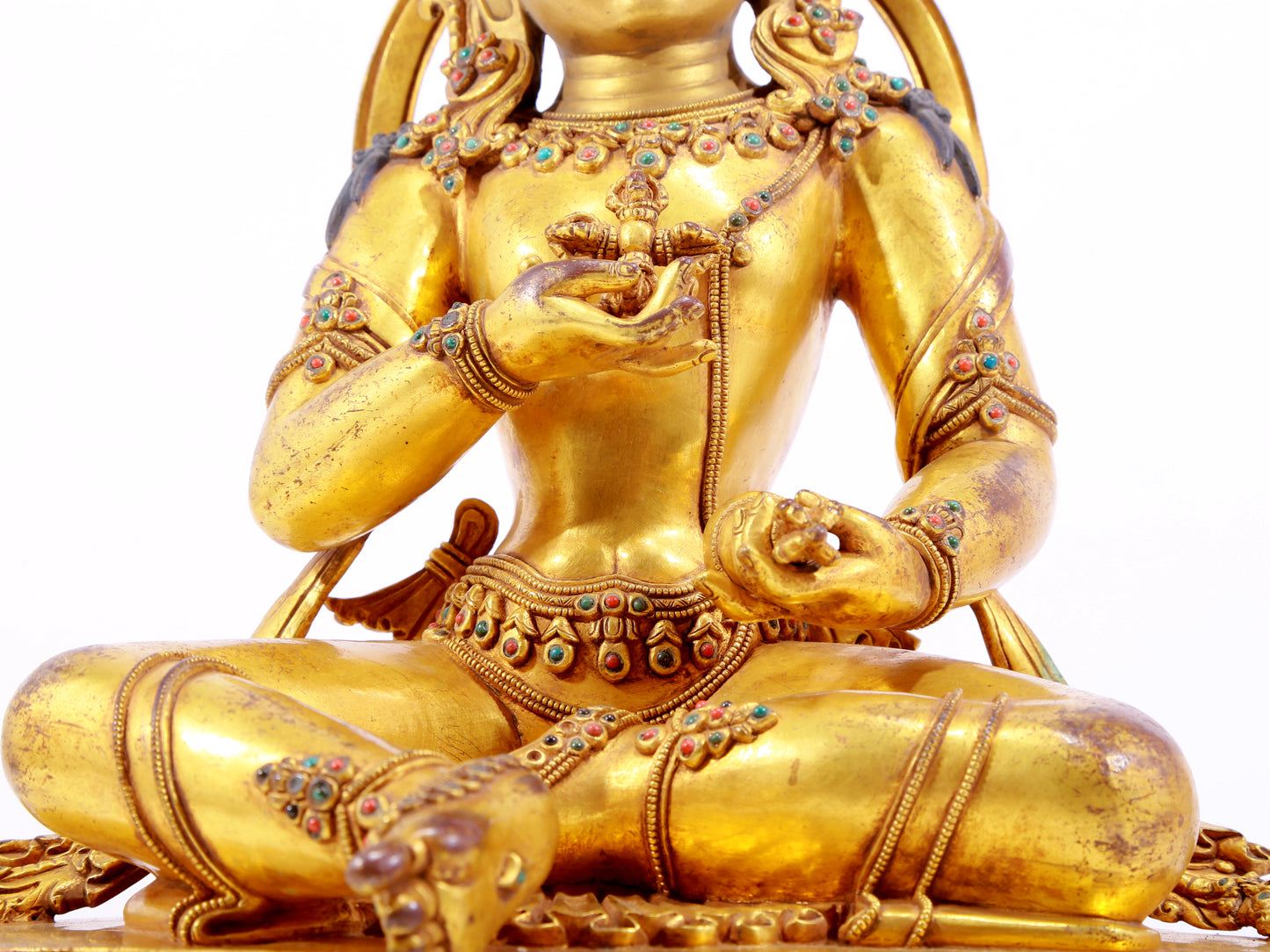 A solemn gilt bronze statue of Vajrasattva inlaid with hundreds of treasures