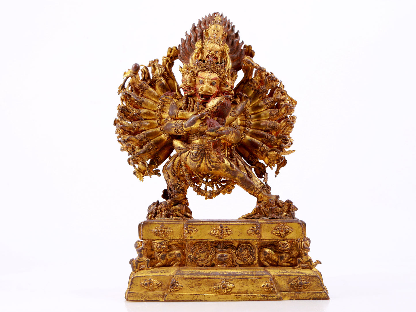 A solemn gilt bronze statue of Yamantaka Vajra