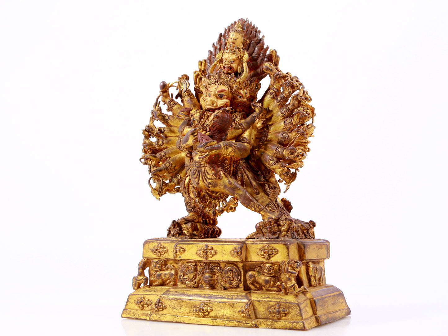 A solemn gilt bronze statue of Yamantaka Vajra