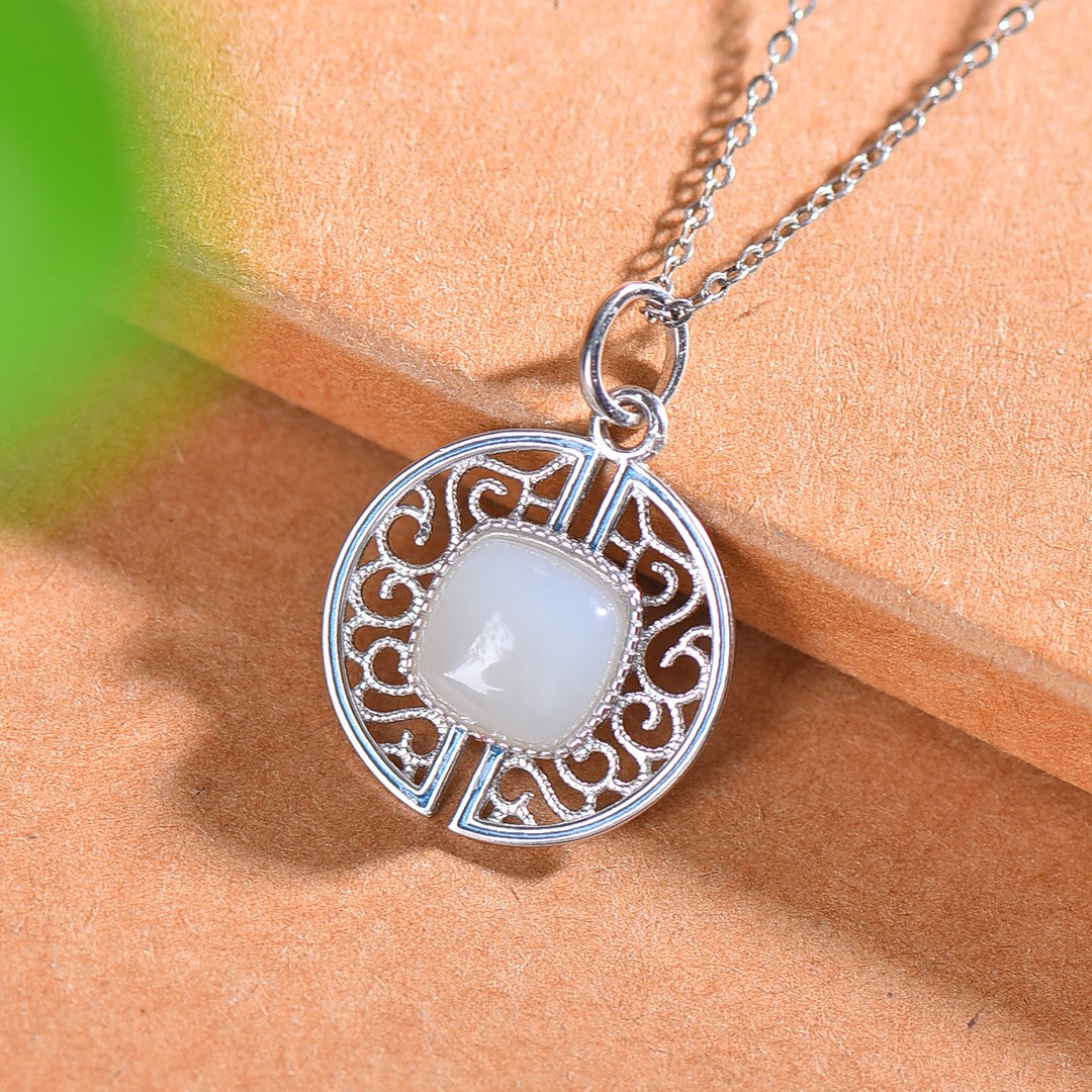 Silver inlaid Hetian jade enamel pendant