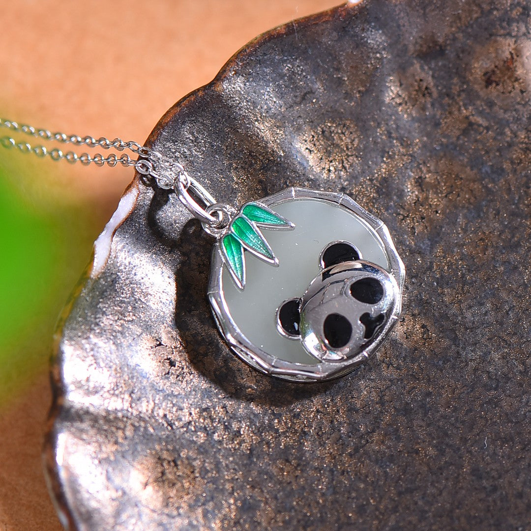 Silver inlaid Hetian jade enamel panda pendant