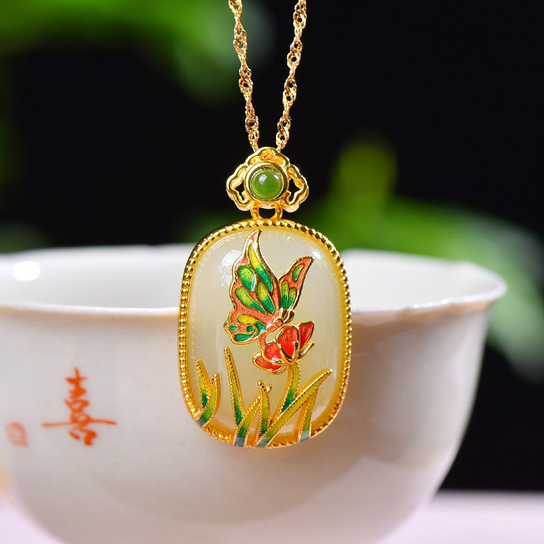 Silver gold plated Hetian jade pendant