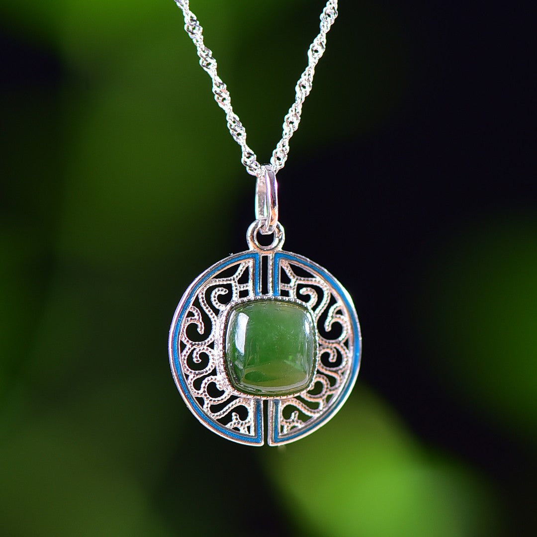 Silver inlaid Hetian jade pendant