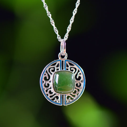 Silver inlaid Hetian jade pendant