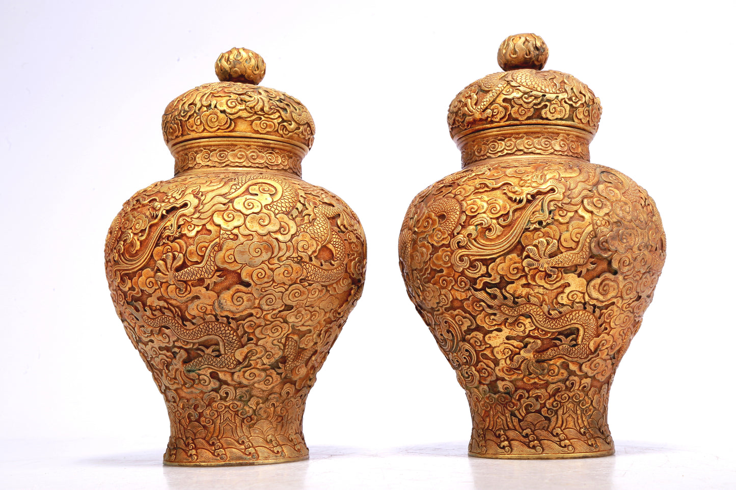A Wonderful Pair Of Gilt-Bronze 'Dragon& Auspicious Cloud' Jars