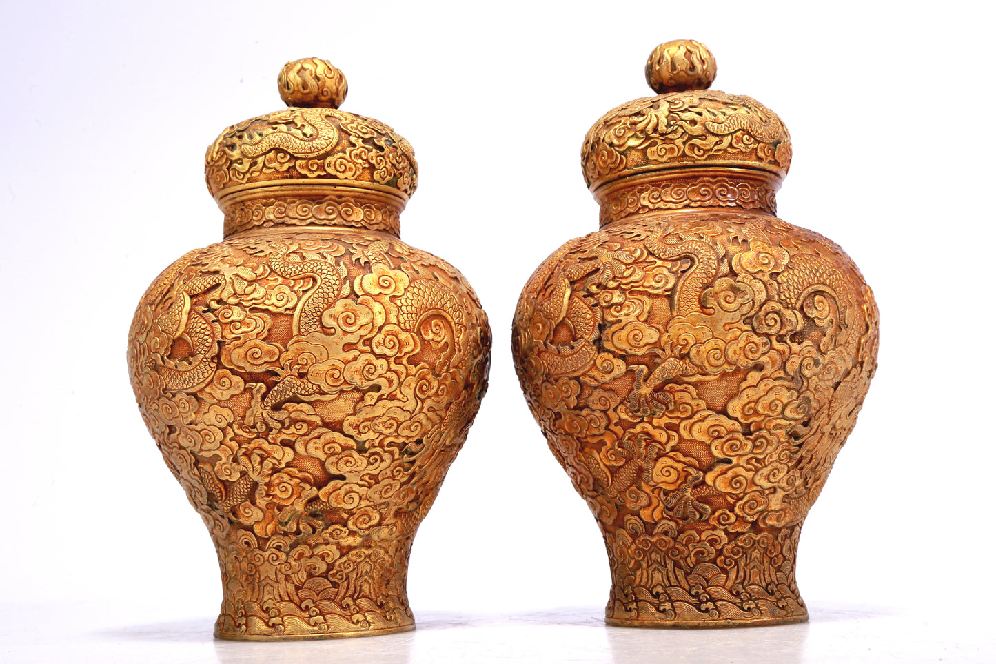 A Wonderful Pair Of Gilt-Bronze 'Dragon& Auspicious Cloud' Jars