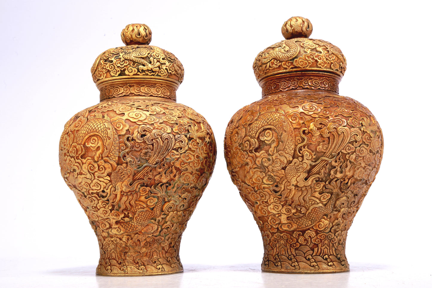 A Wonderful Pair Of Gilt-Bronze 'Dragon& Auspicious Cloud' Jars