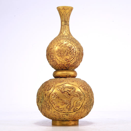 A Wonderful Gilt-Bronze 'Scrolling Lotus& Dragon' Gourd-Form Vase