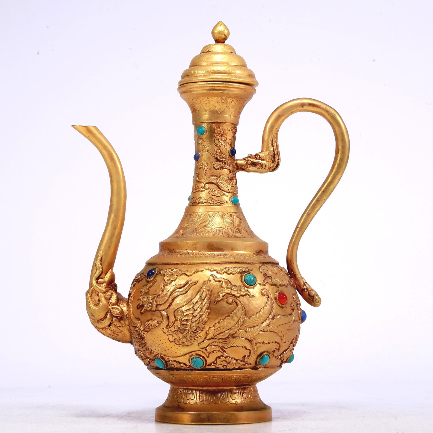 A Wonderful Gilt-Bronze Gem-Inlaid 'Dragon, Phoenix, Auspicious Cloud' Ewer