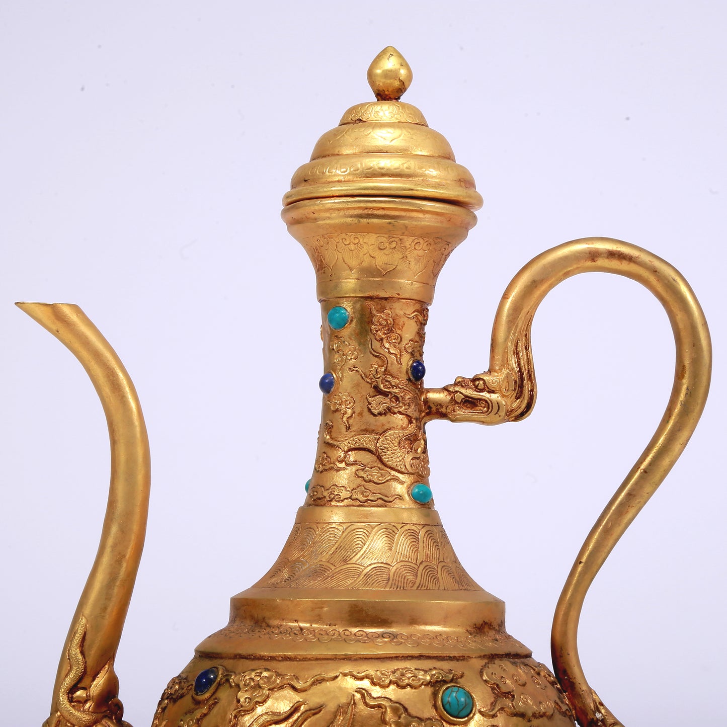A Wonderful Gilt-Bronze Gem-Inlaid 'Dragon, Phoenix, Auspicious Cloud' Ewer
