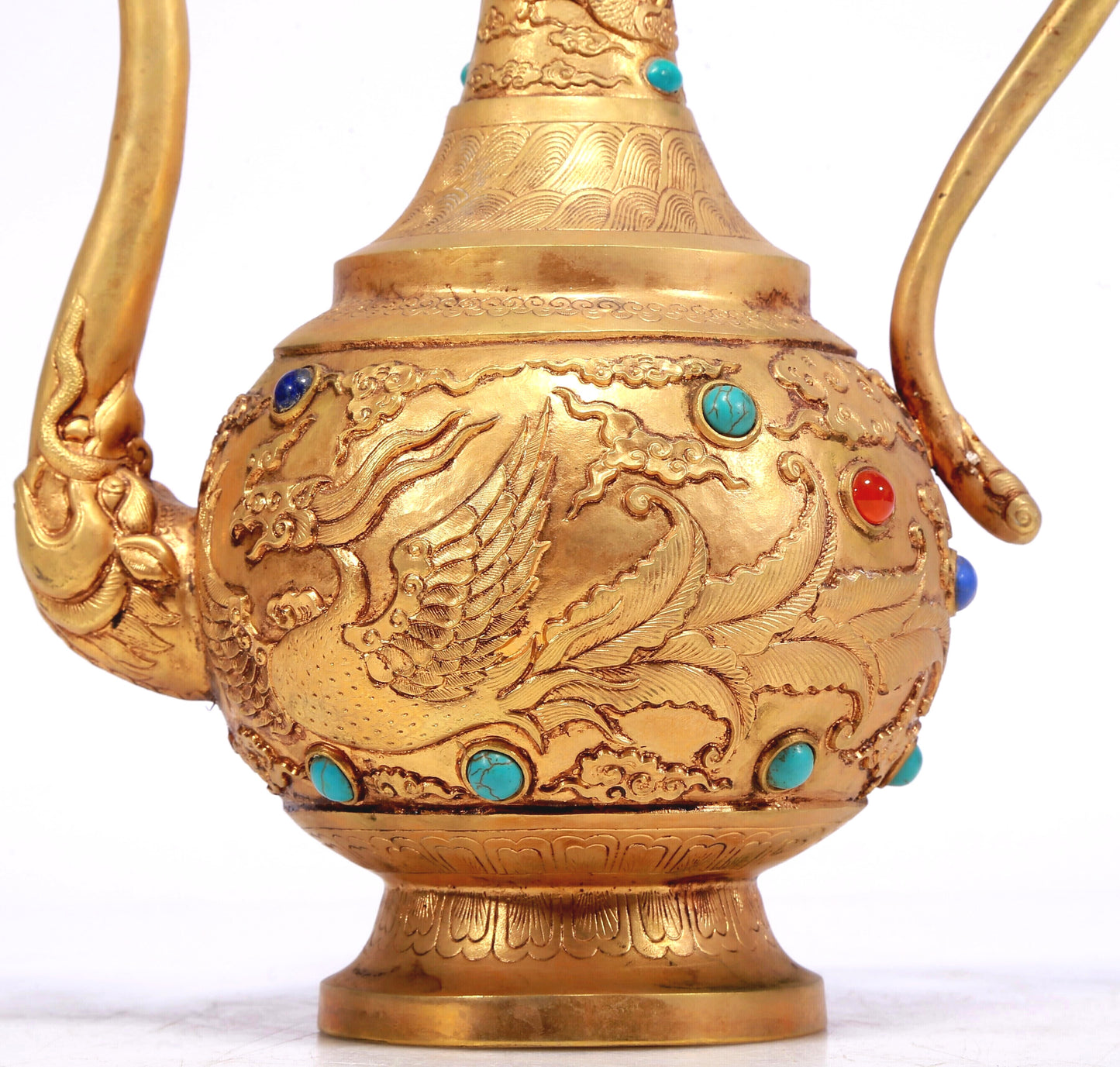 A Wonderful Gilt-Bronze Gem-Inlaid 'Dragon, Phoenix, Auspicious Cloud' Ewer