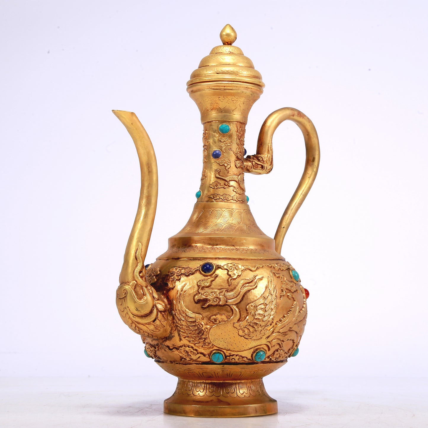 A Wonderful Gilt-Bronze Gem-Inlaid 'Dragon, Phoenix, Auspicious Cloud' Ewer