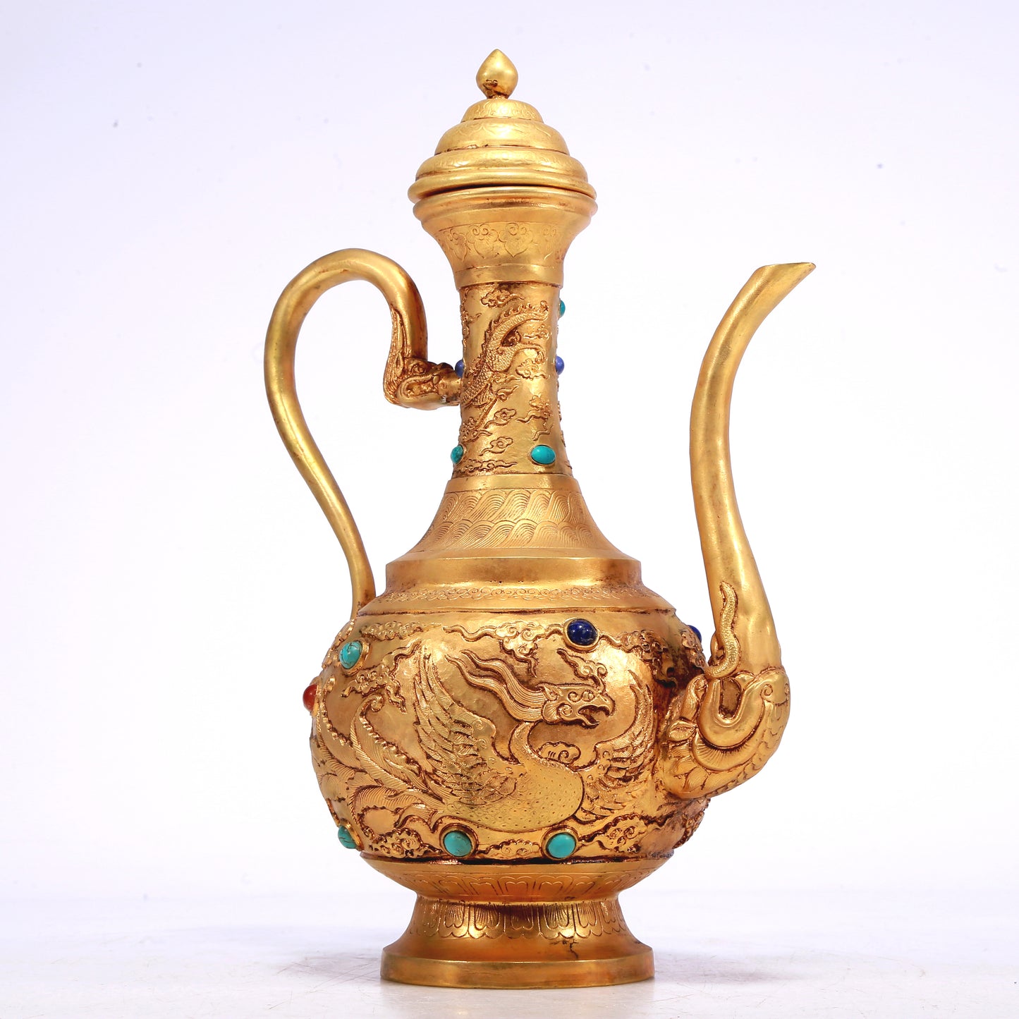A Wonderful Gilt-Bronze Gem-Inlaid 'Dragon, Phoenix, Auspicious Cloud' Ewer