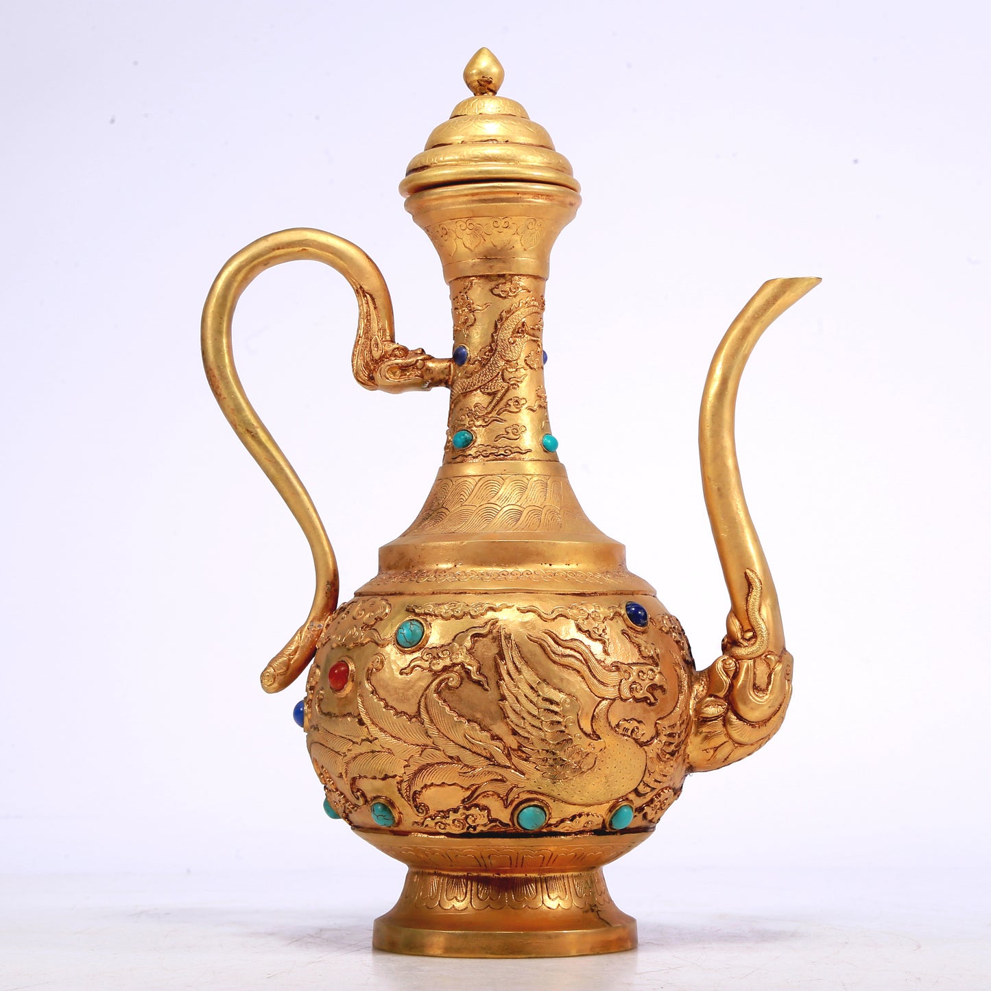 A Wonderful Gilt-Bronze Gem-Inlaid 'Dragon, Phoenix, Auspicious Cloud' Ewer