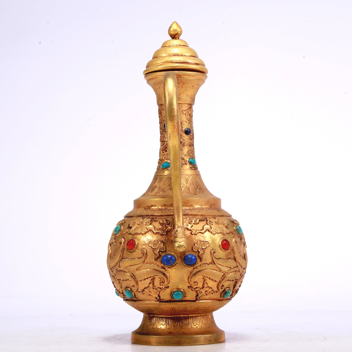 A Wonderful Gilt-Bronze Gem-Inlaid 'Dragon, Phoenix, Auspicious Cloud' Ewer