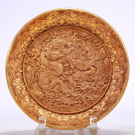 A Wonderful Gilt-Bronze 'Dragon& Auspicious Cloud' Dish