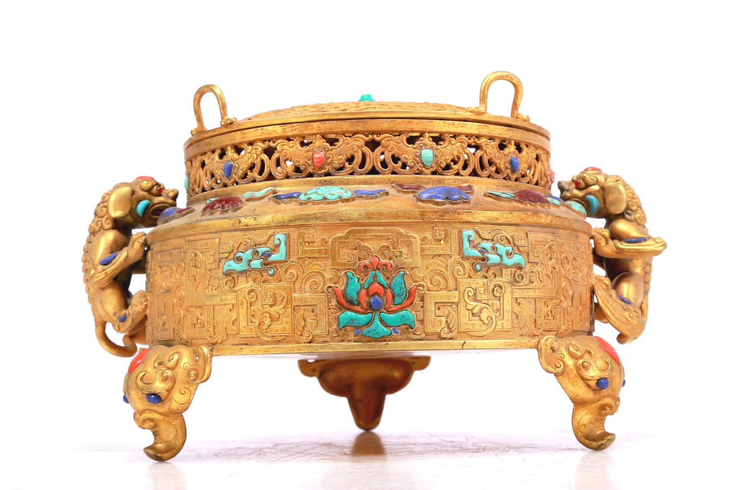 A Wonderful Gilt-Bronze Gem-Inlaid 'Scrolling Lotus, Dragon, Phoenix' Lion-Handled Tripod Censer