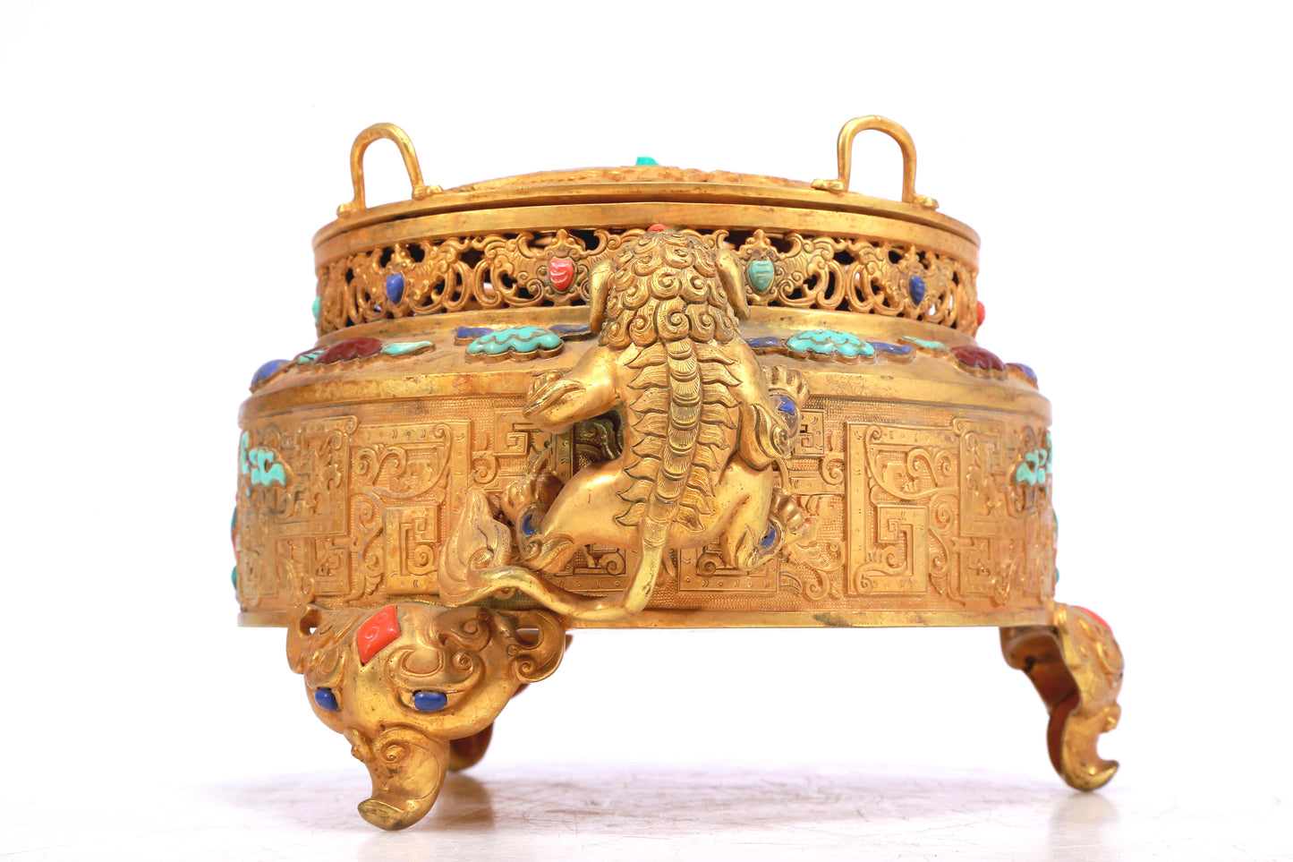 A Wonderful Gilt-Bronze Gem-Inlaid 'Scrolling Lotus, Dragon, Phoenix' Lion-Handled Tripod Censer