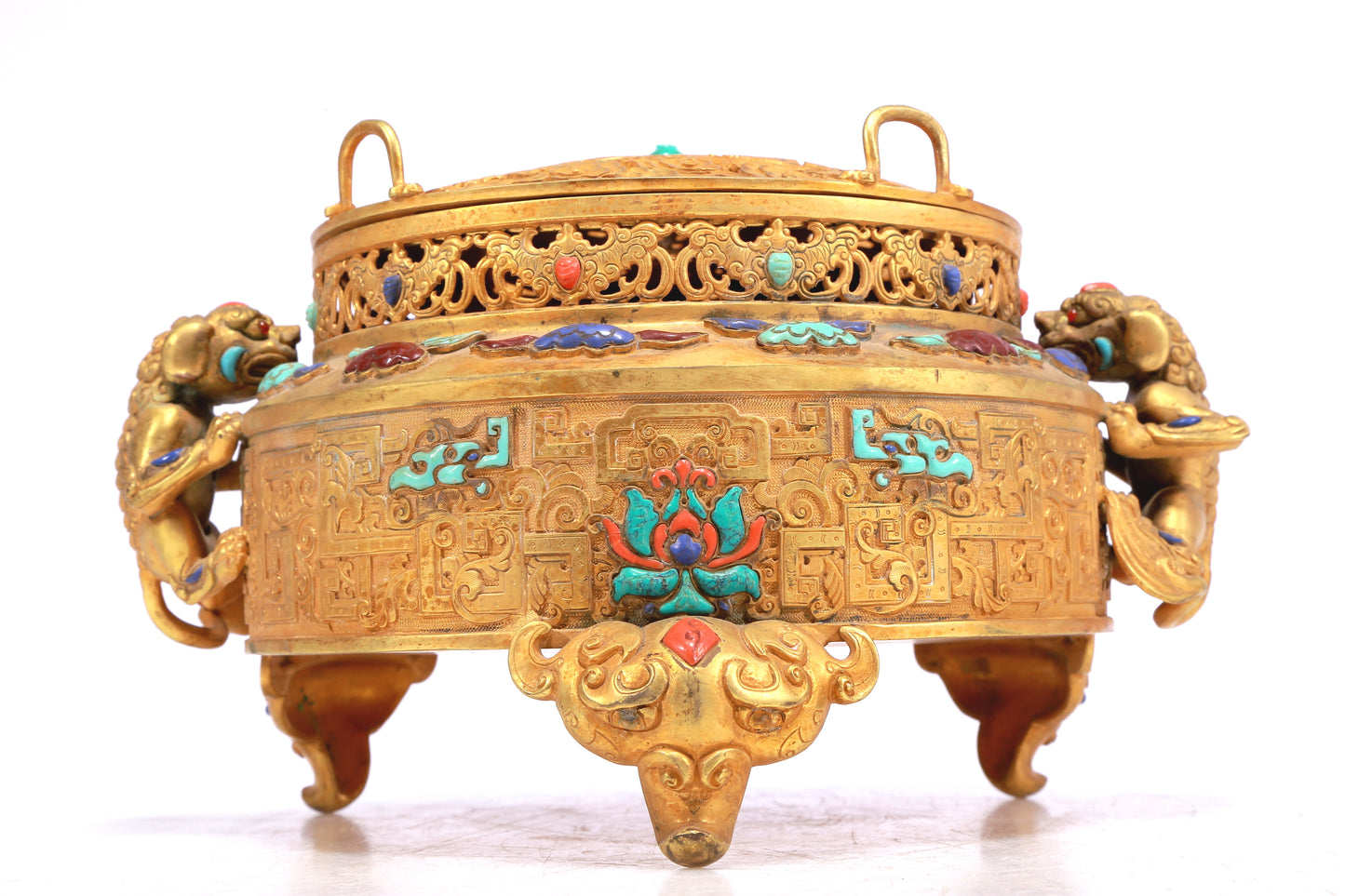 A Wonderful Gilt-Bronze Gem-Inlaid 'Scrolling Lotus, Dragon, Phoenix' Lion-Handled Tripod Censer