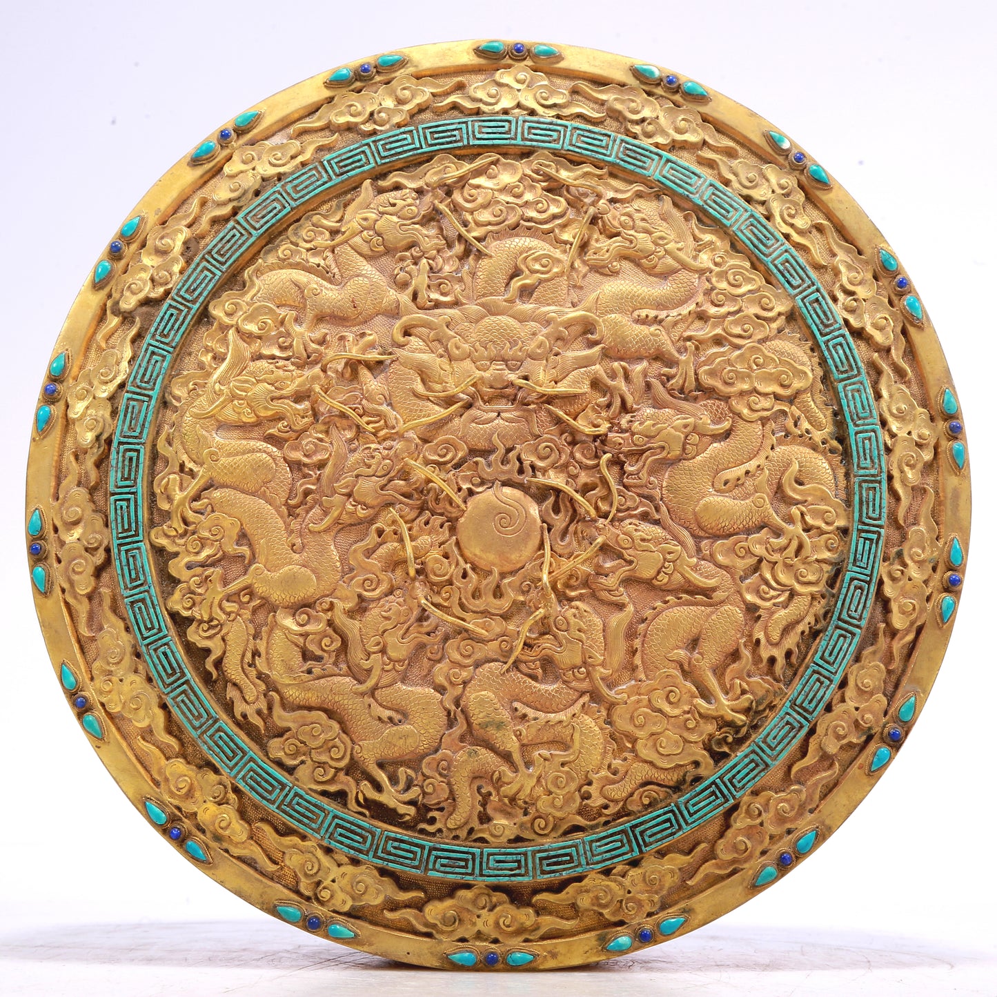 A Wonderful Gilt-Bronze Turquoise-Inlaid 'Dragon& Auspicious Cloud' Box