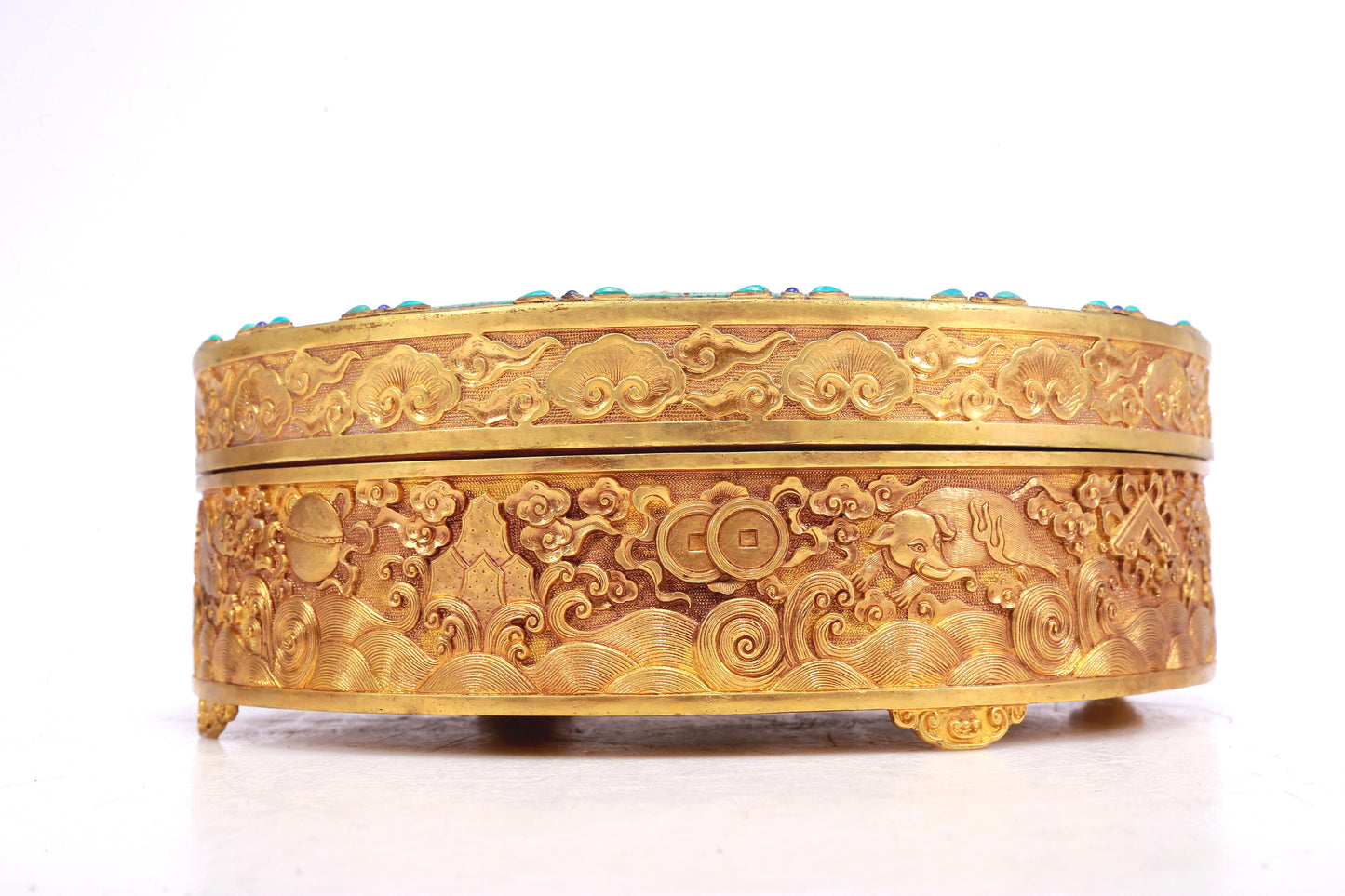 A Wonderful Gilt-Bronze Turquoise-Inlaid 'Dragon& Auspicious Cloud' Box