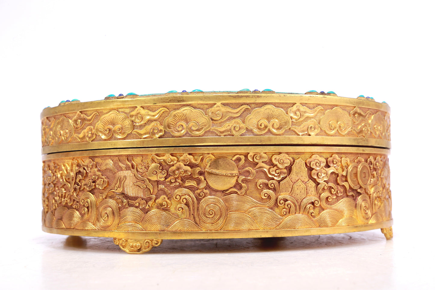 A Wonderful Gilt-Bronze Turquoise-Inlaid 'Dragon& Auspicious Cloud' Box