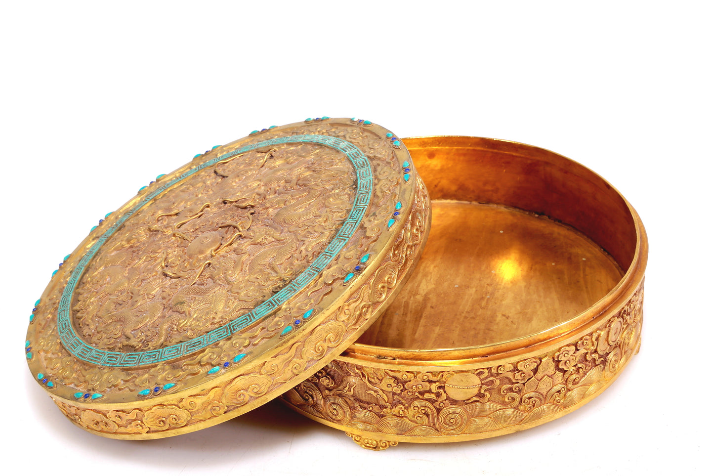 A Wonderful Gilt-Bronze Turquoise-Inlaid 'Dragon& Auspicious Cloud' Box