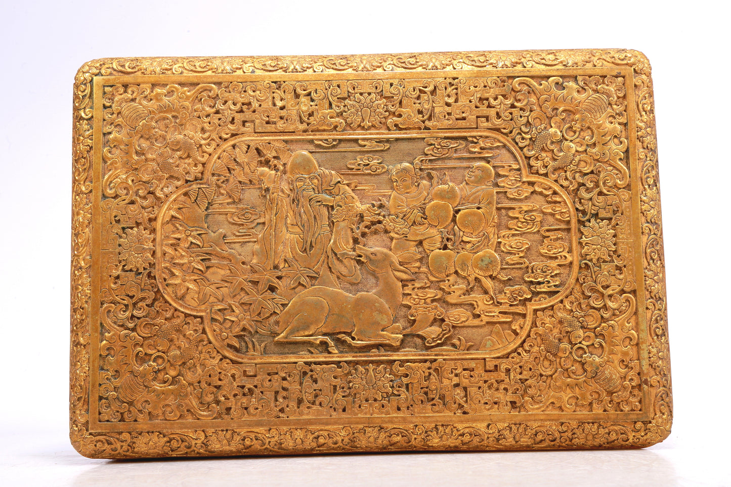 A Wonderful Gilt-Bronze 'Scrolling Lotus, Bat, Figure' Box