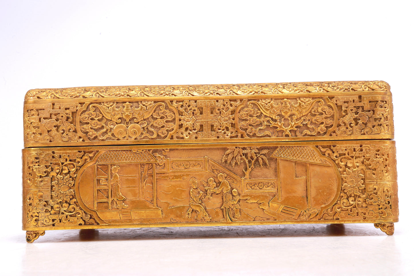 A Wonderful Gilt-Bronze 'Scrolling Lotus, Bat, Figure' Box