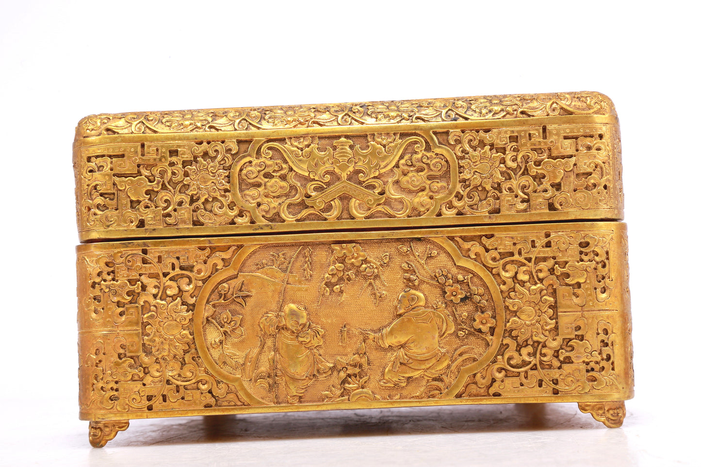 A Wonderful Gilt-Bronze 'Scrolling Lotus, Bat, Figure' Box