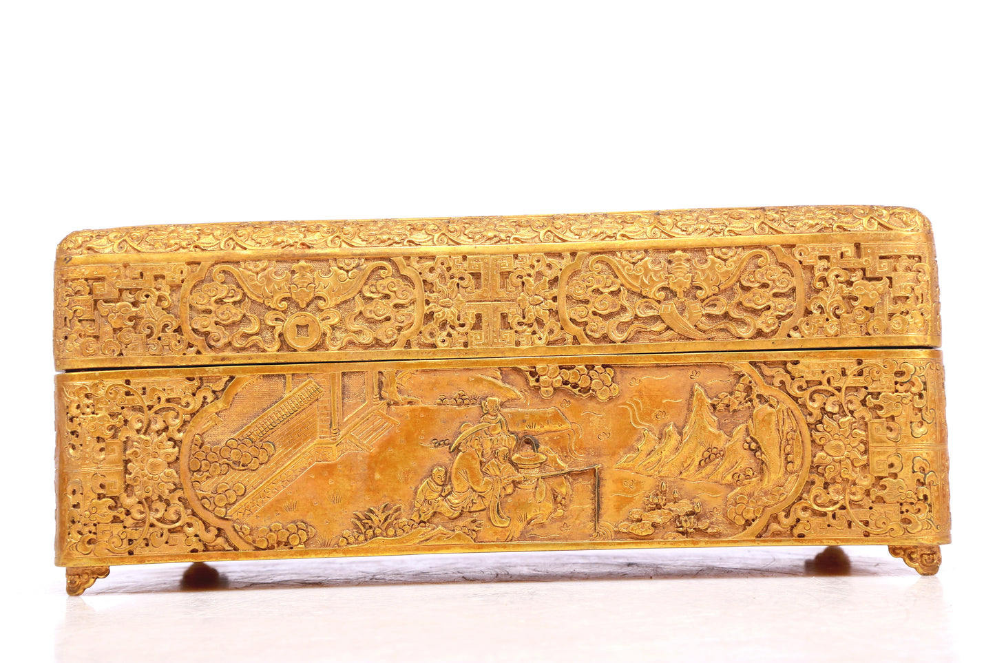 A Wonderful Gilt-Bronze 'Scrolling Lotus, Bat, Figure' Box