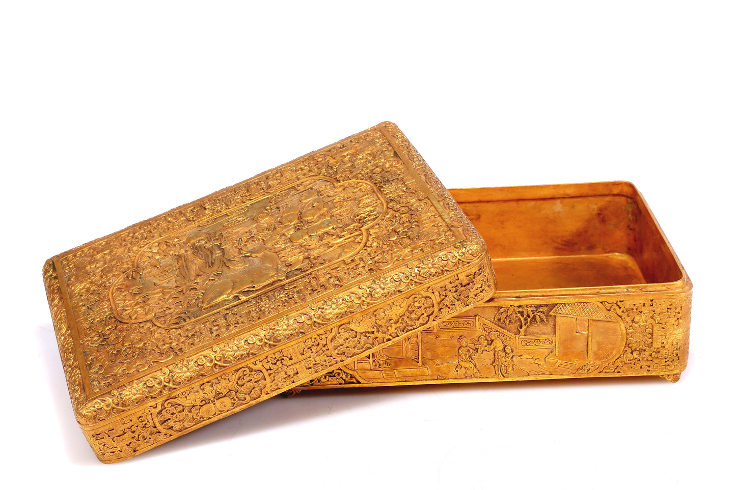 A Wonderful Gilt-Bronze 'Scrolling Lotus, Bat, Figure' Box