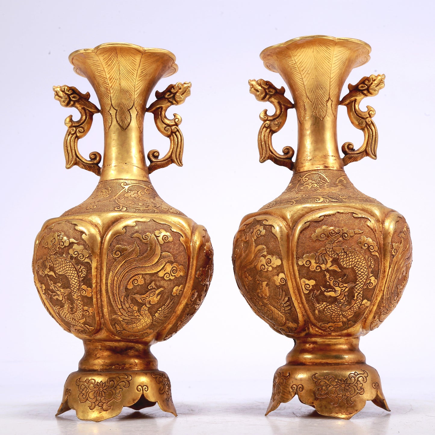 A Wonderful Pair Of Gilt-Bronze 'Dragon, Phoenix, Auspicious Cloud' Vases