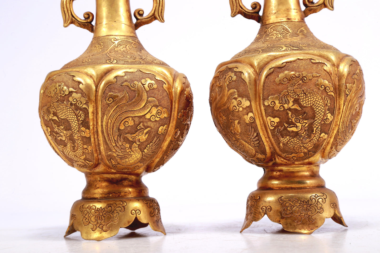 A Wonderful Pair Of Gilt-Bronze 'Dragon, Phoenix, Auspicious Cloud' Vases