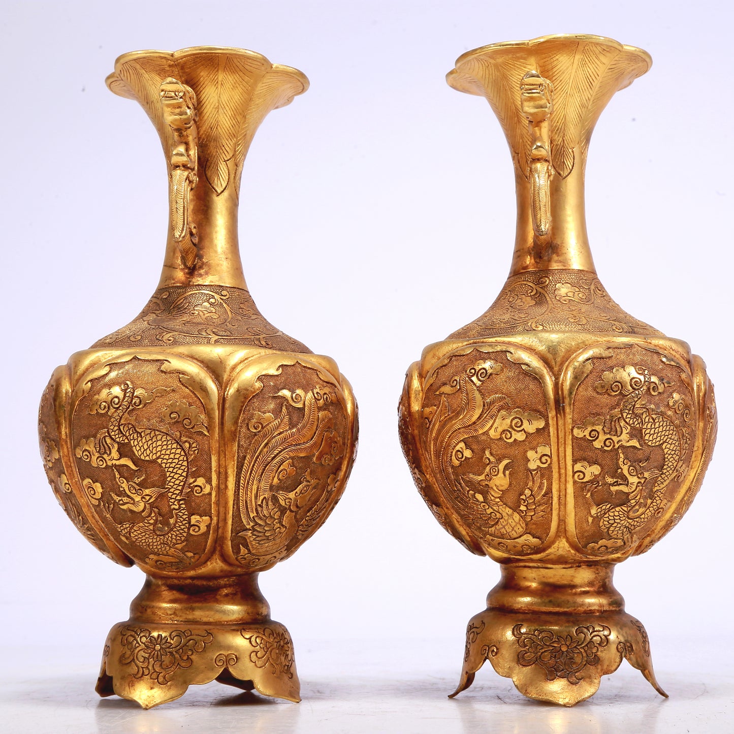 A Wonderful Pair Of Gilt-Bronze 'Dragon, Phoenix, Auspicious Cloud' Vases