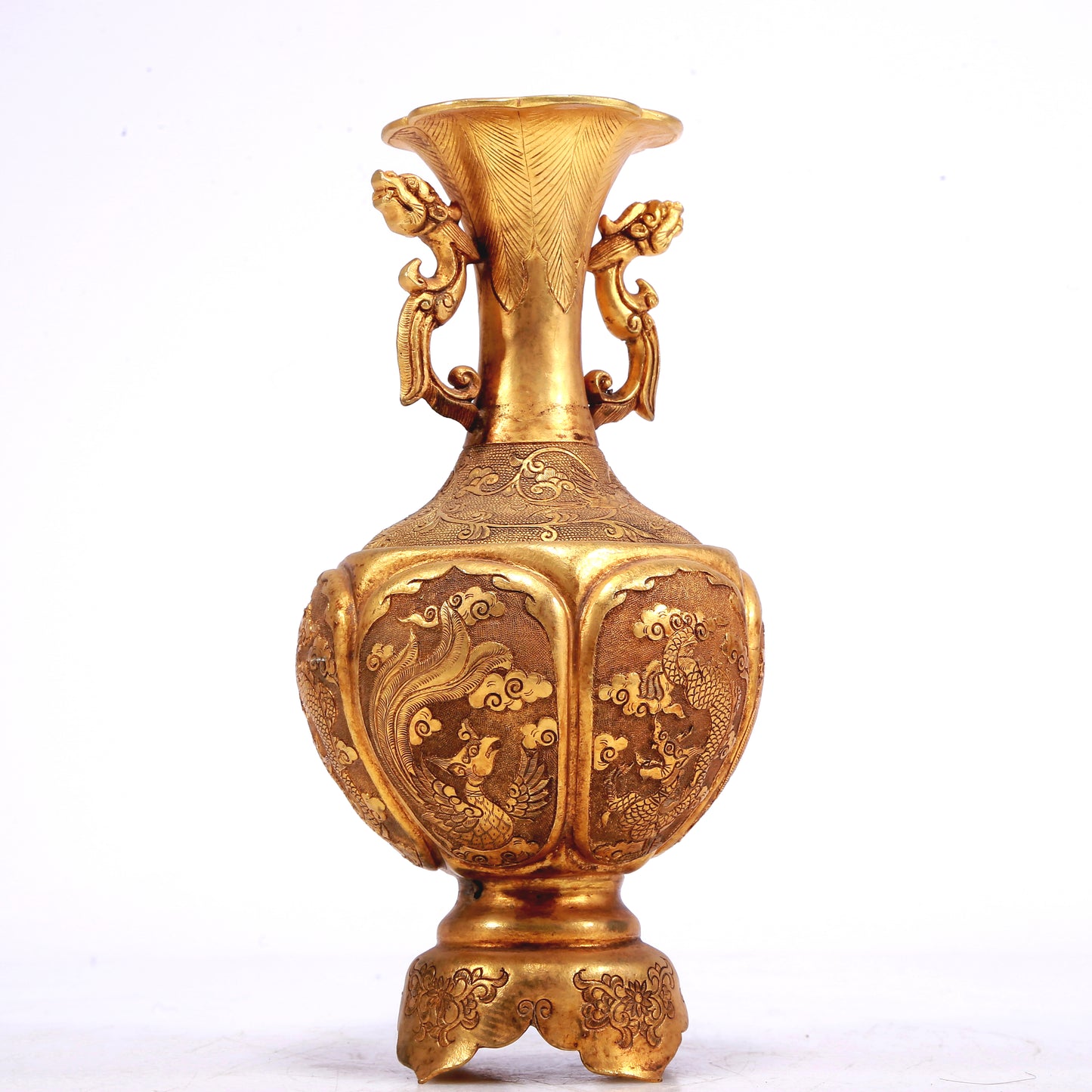 A Wonderful Pair Of Gilt-Bronze 'Dragon, Phoenix, Auspicious Cloud' Vases
