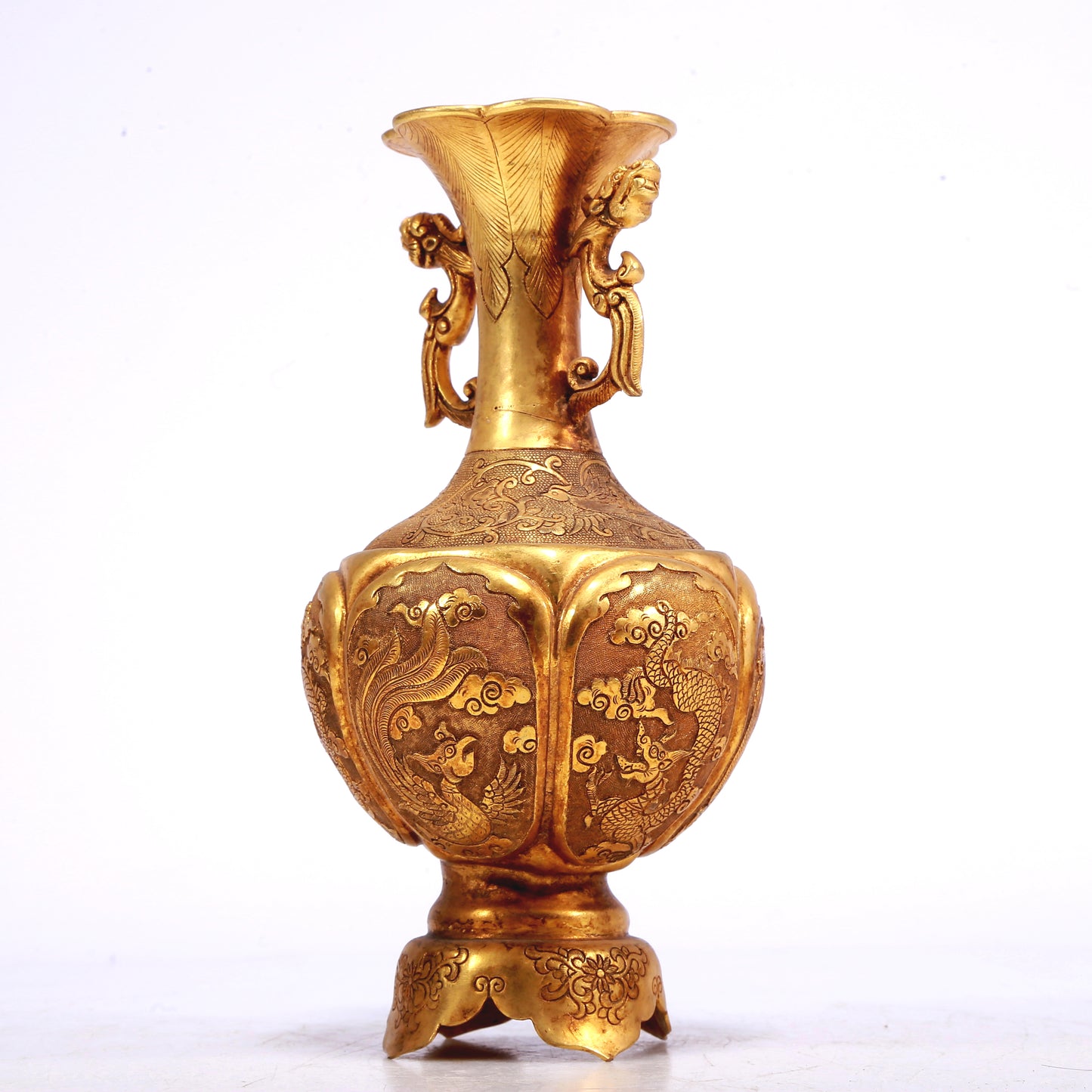 A Wonderful Pair Of Gilt-Bronze 'Dragon, Phoenix, Auspicious Cloud' Vases