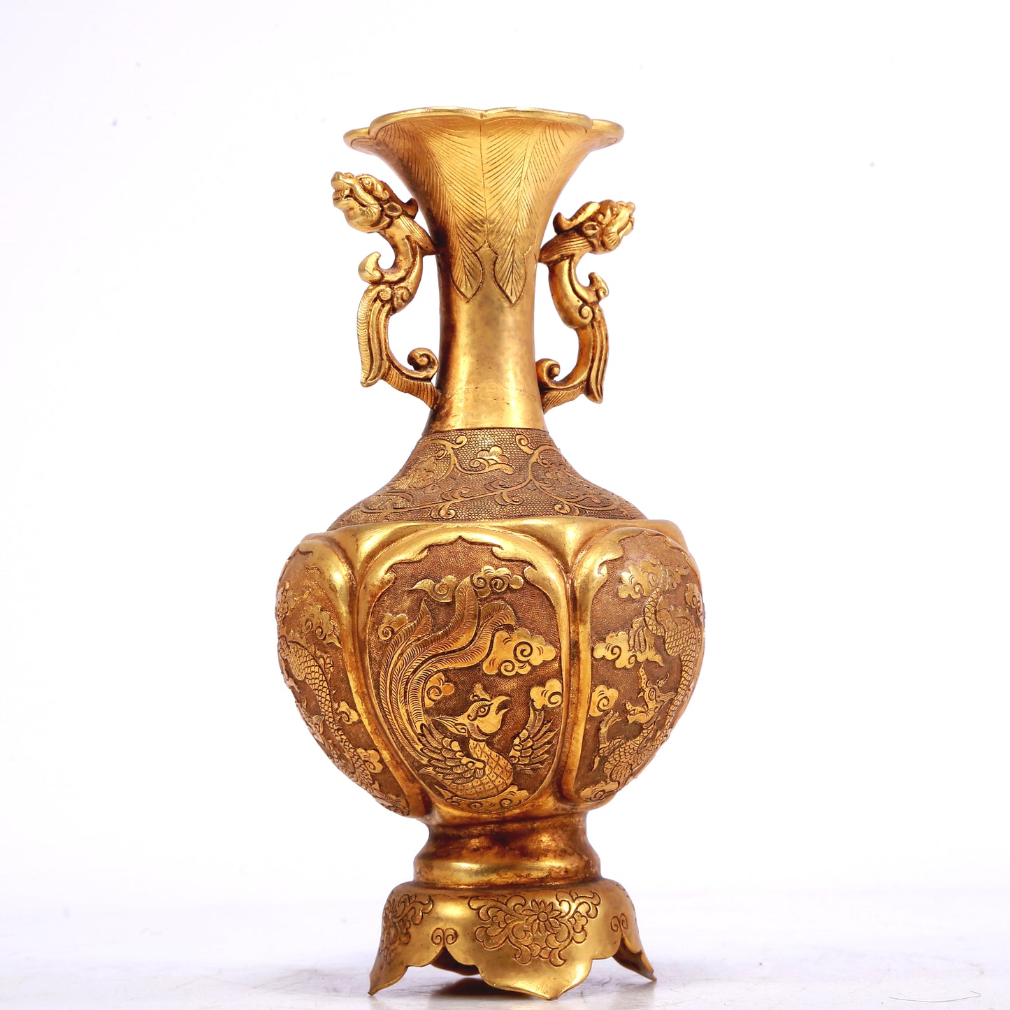 A Wonderful Pair Of Gilt-Bronze 'Dragon, Phoenix, Auspicious Cloud' Vases