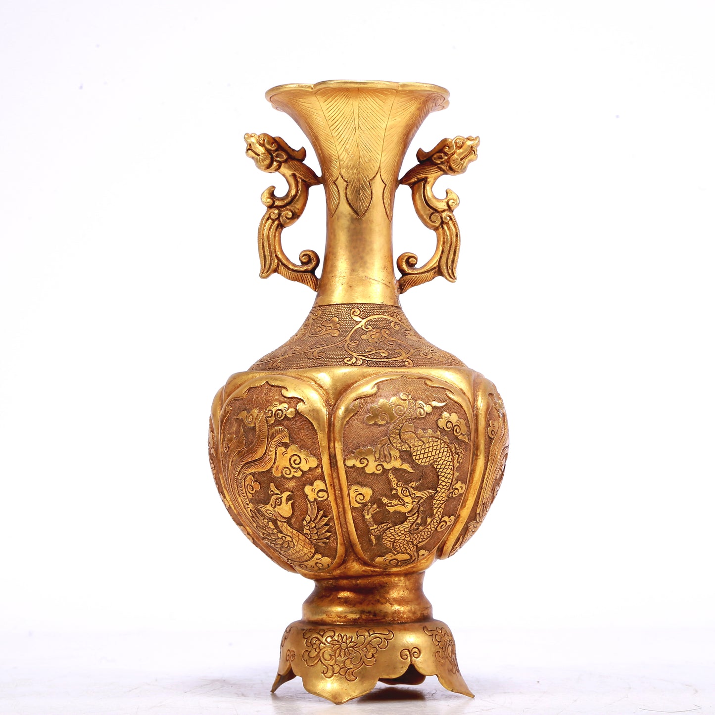 A Wonderful Pair Of Gilt-Bronze 'Dragon, Phoenix, Auspicious Cloud' Vases
