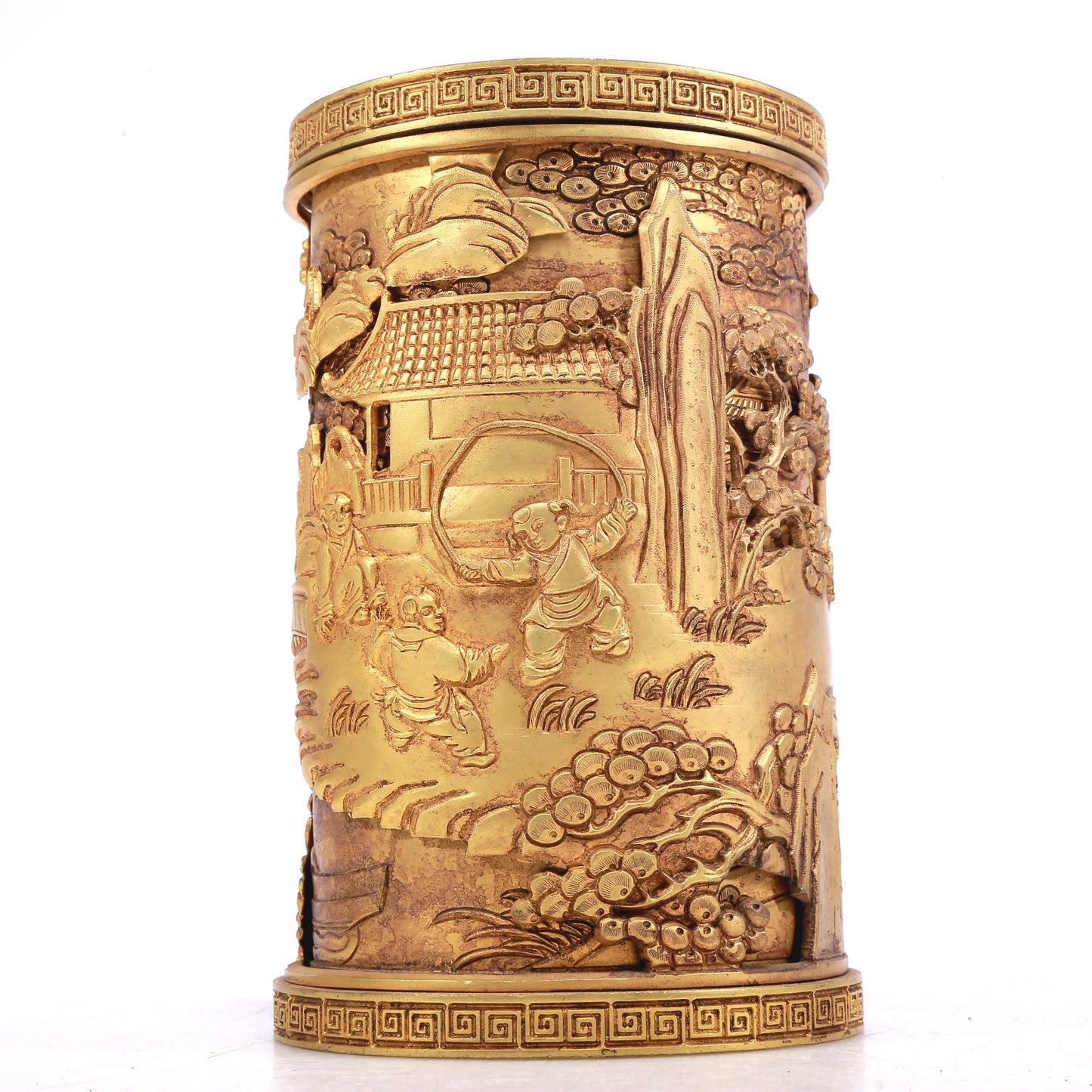 A Fantastic Gilt-Bronze 'Figure& Landscape' Brush Pot