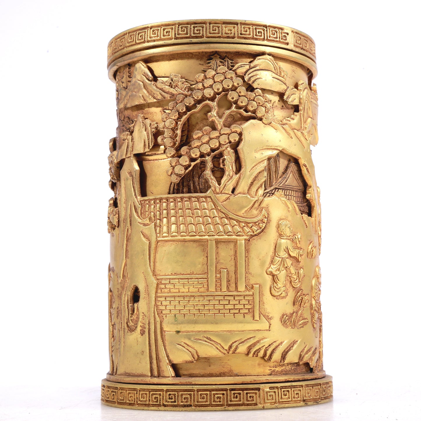 A Fantastic Gilt-Bronze 'Figure& Landscape' Brush Pot