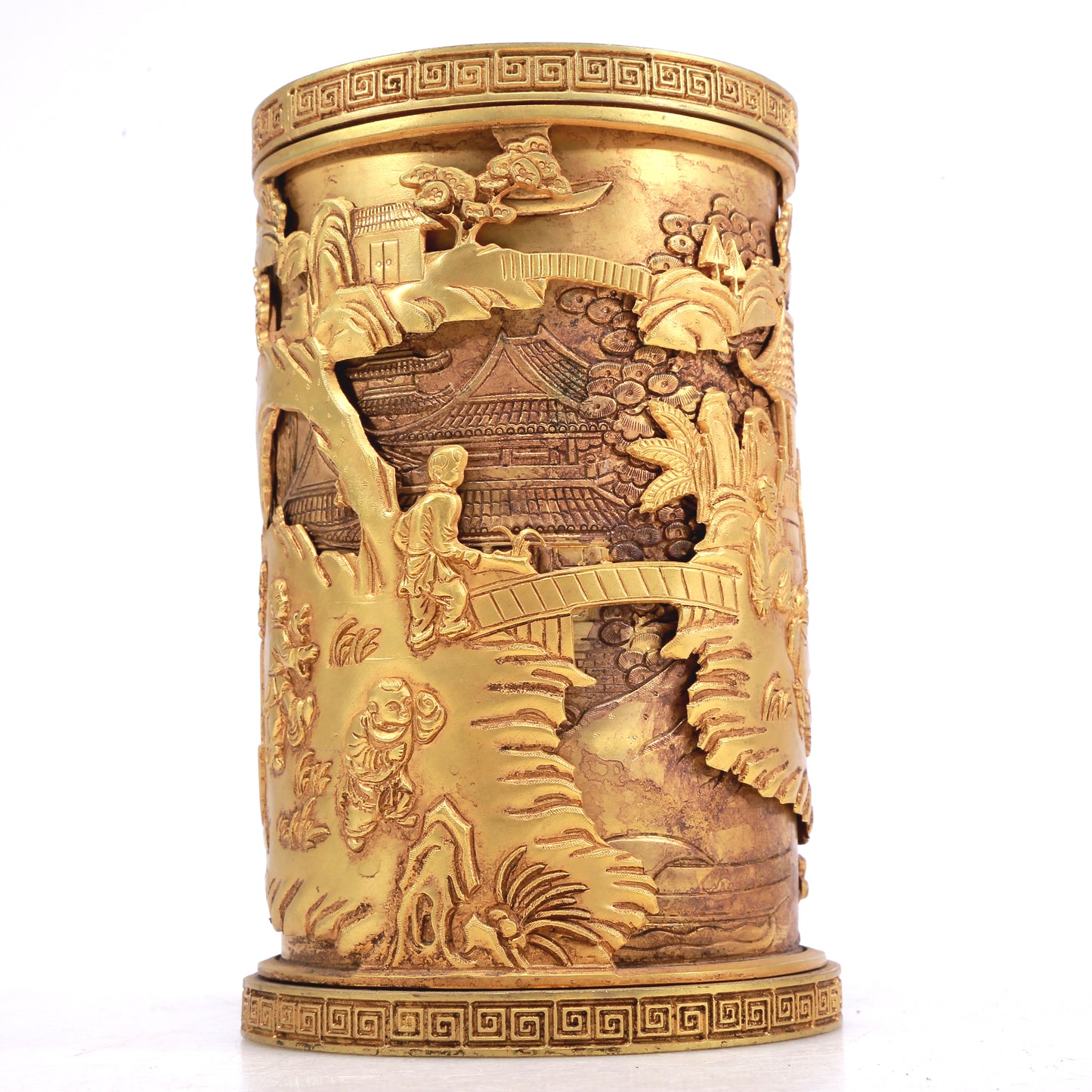 A Fantastic Gilt-Bronze 'Figure& Landscape' Brush Pot