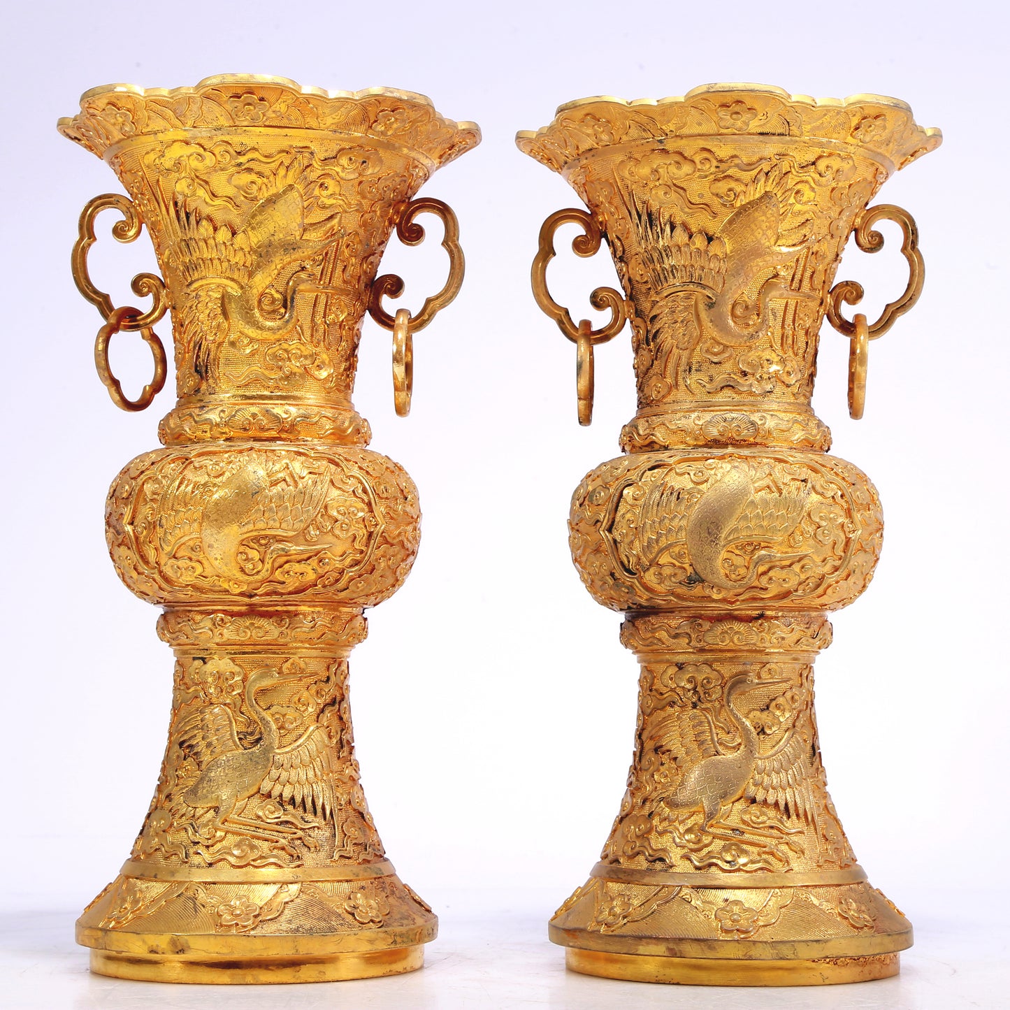 A Fantastic Pair Of Gilt-Bronze 'Auspicious Cloud& Crane' Vases