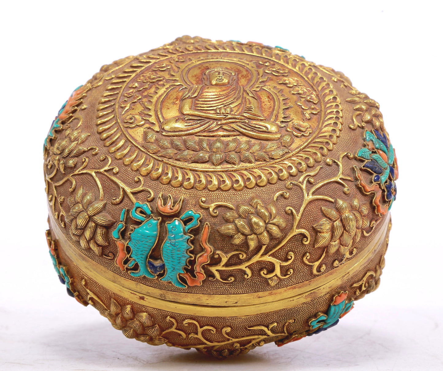 A Fantastic Gilt-Bronze Gem-Inlaid 'Scrolling Lotus& Buddha Shakyamuni' Box