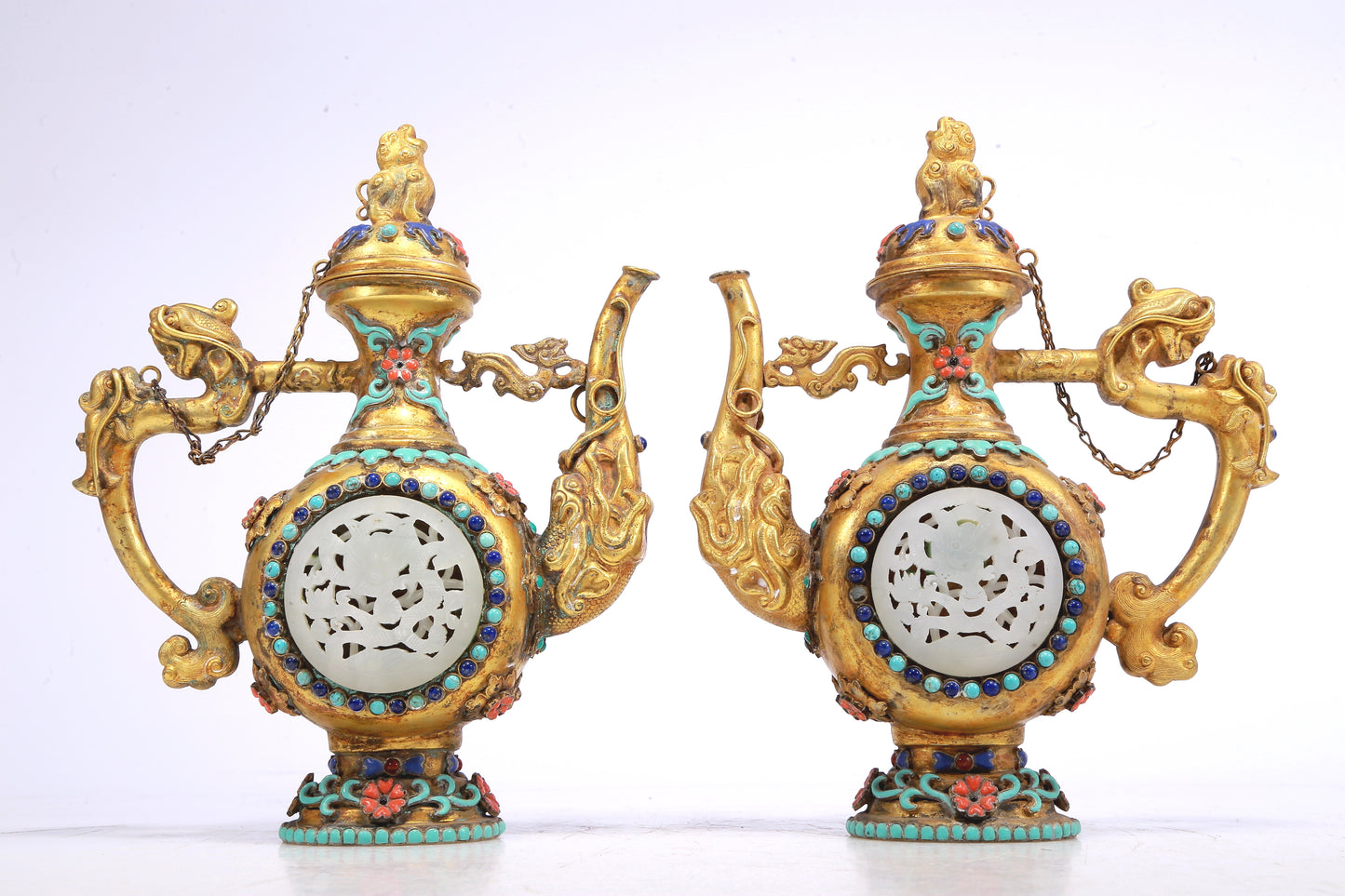 A Fantastic Pair Of Gilt-Bronze Gem-Inlaid 'Dragon' Ewers